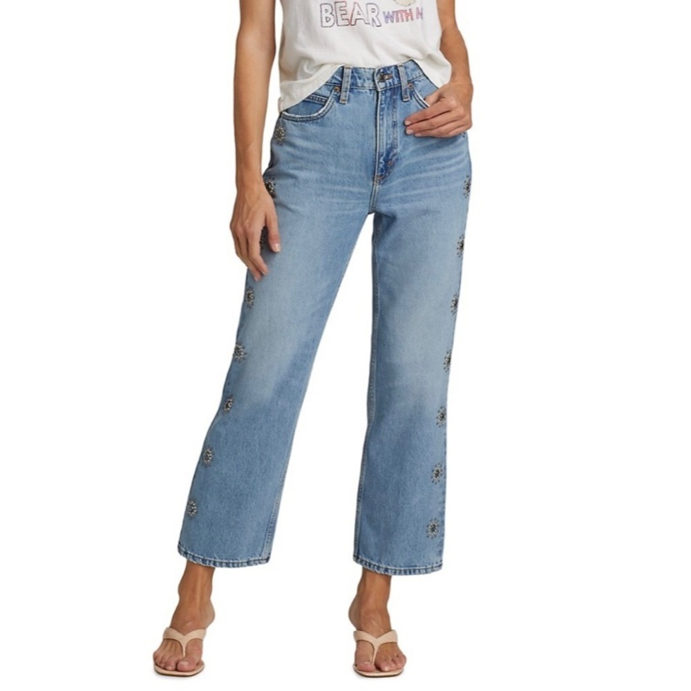 Redone Denim '70s Loose Flare Leg Jeans Indigo Stud - Picture 2 of 15